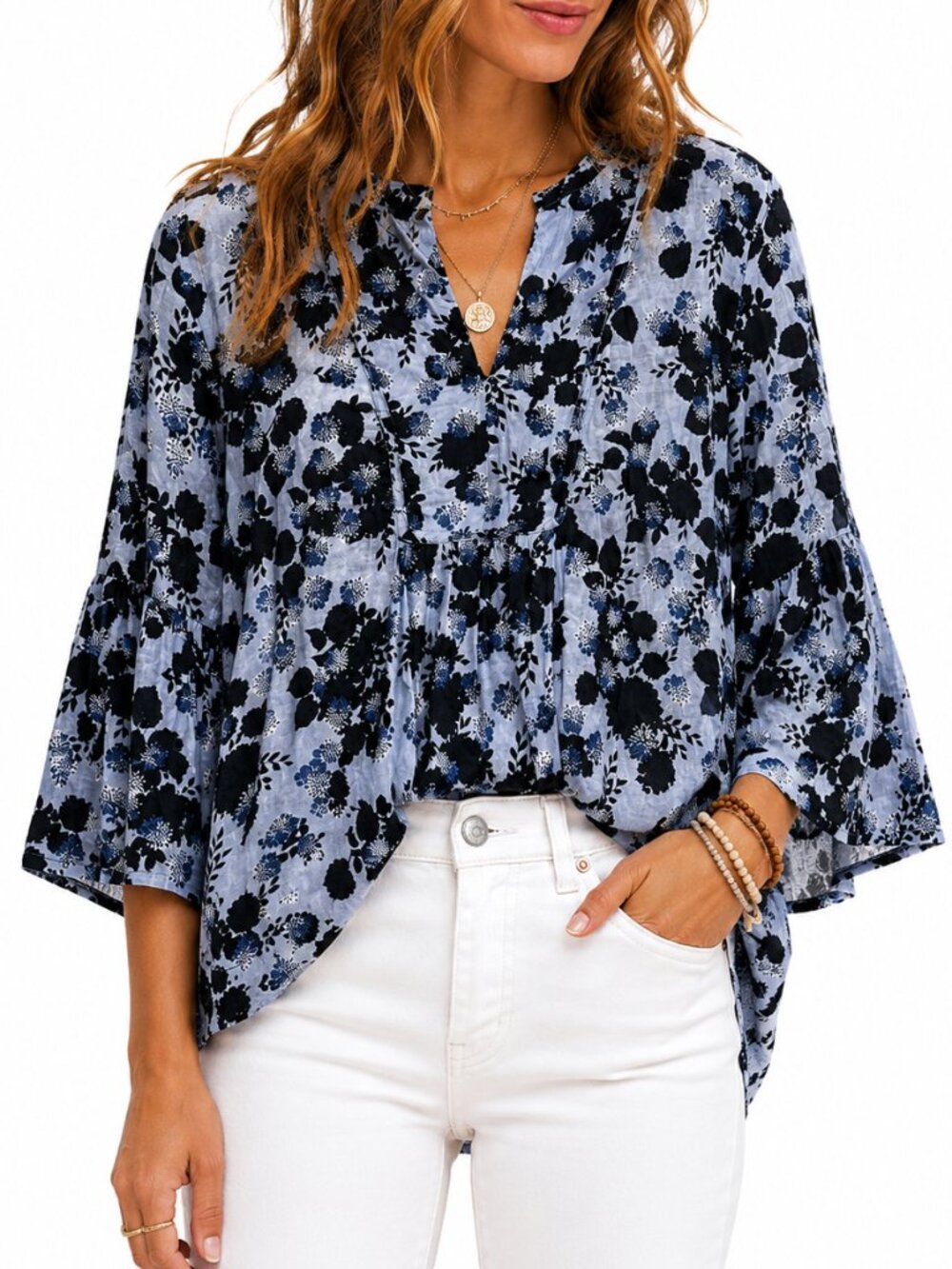 LOFT Blue Floral Split Neck 3/4 Sleeve Blouse Size S